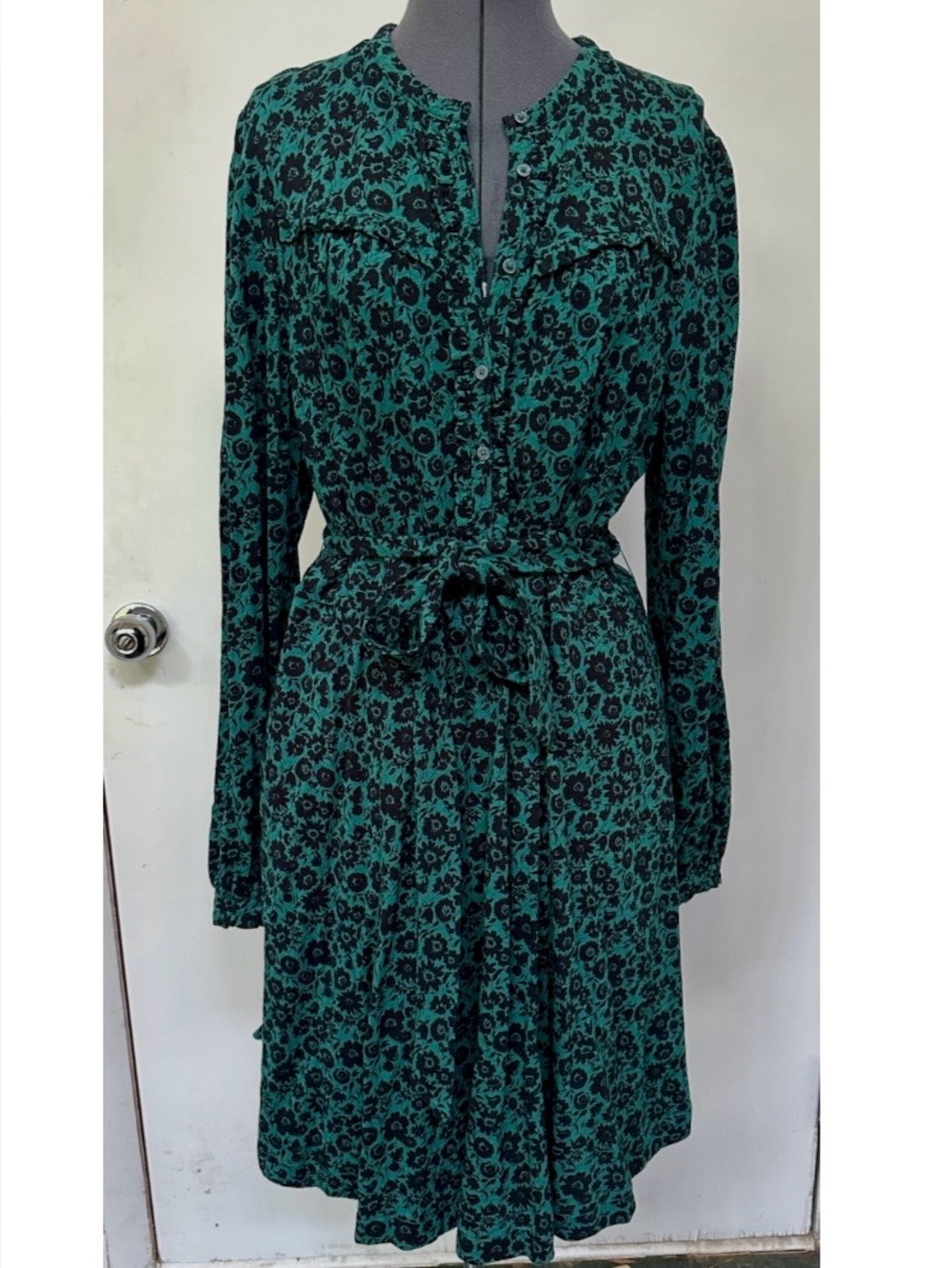 BODEN LADIES COTTON KNIT SHIRT DRESS GREEN BLACK FLORAL RUFFLE TRIM BELT 16 XL